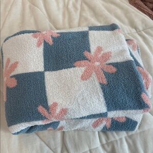 Blue and White Checkered Blanket with Pink Flowers